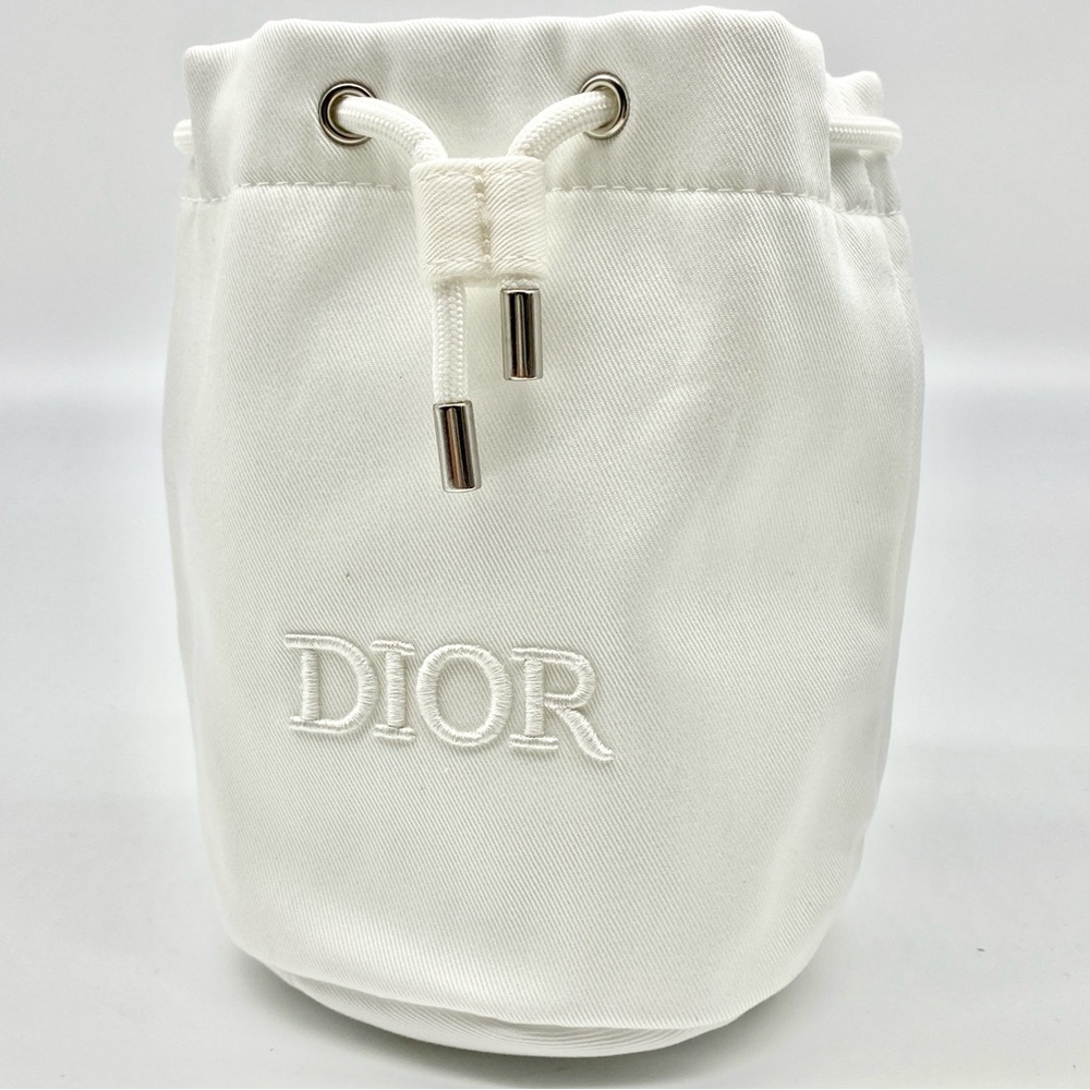 DIOR WHITE FABRIC DRAWSTRING BUCKET MINI BAG TOILETRY MAKEUP TRAVEL POUCH CLUTCH